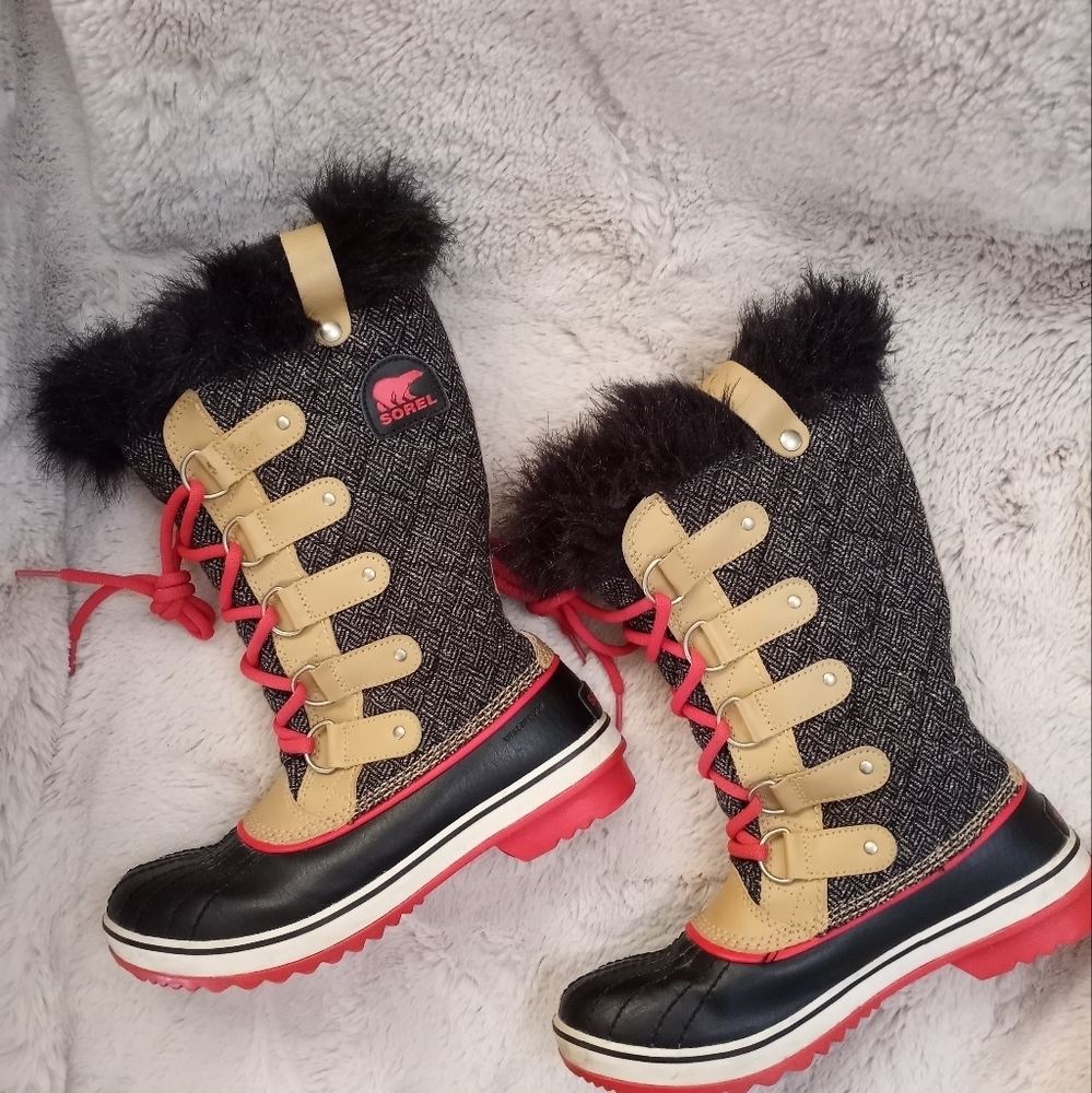 Sorel Women's Black, Tan & Red Winter Rain Boots with Faux Fur Trim